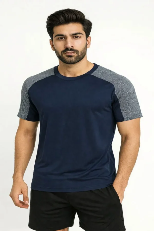 Grey with Blue shoulder Sport T-shirt Large Size