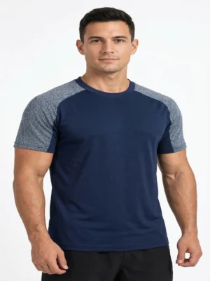 Grey with Blue shoulder Sport T-shirt Large Size
