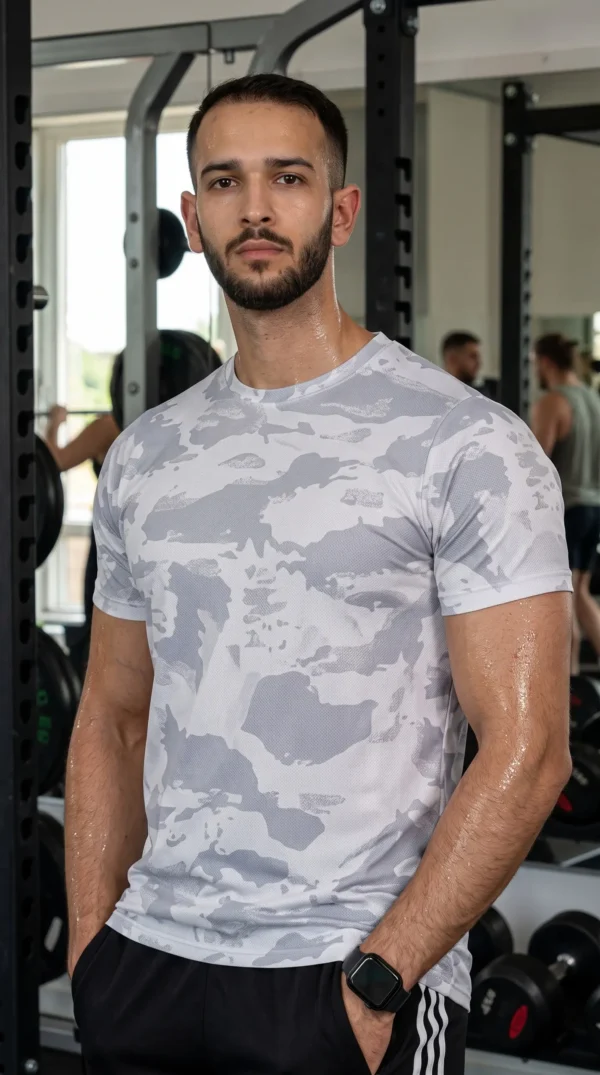 Make_picture_in_gym_2K_202608082145 Men’s White Camo Performance T-Shirt