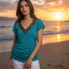 Make_a_new_202604221830 Original B.DESIGN Teal Embellished V-Neck Ruched Side Blouse (Size: Medium)
