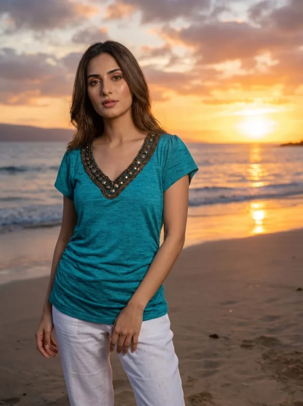 Make_a_new_202604221830 Original B.DESIGN Teal Embellished V-Neck Ruched Side Blouse (Size: Medium)