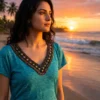 Make_a_new_202604221831 Original B.DESIGN Teal Embellished V-Neck Ruched Side Blouse (Size: Medium)