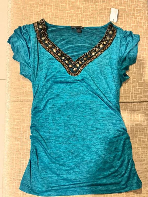 WhatsApp Image 2026-04-22 at 17.32.53 Original B.DESIGN Teal Embellished V-Neck Ruched Side Blouse (Size: Medium)