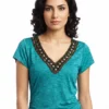 make_a_new_202604221739 Original B.DESIGN Teal Embellished V-Neck Ruched Side Blouse (Size: Medium)