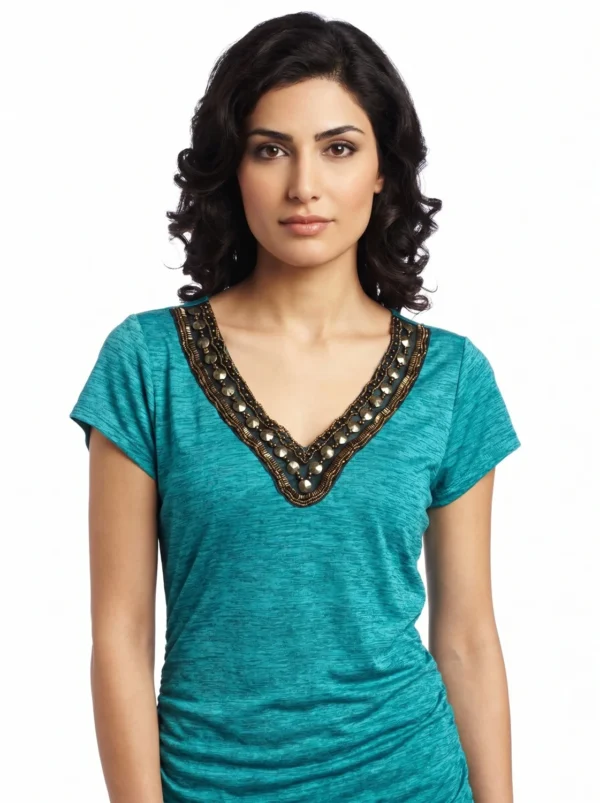 make_a_new_202604221739 Original B.DESIGN Teal Embellished V-Neck Ruched Side Blouse (Size: Medium)