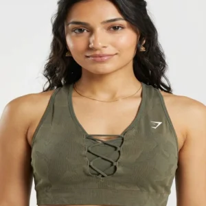 Gymshark Adapt Camo Seamless Lace Up Sports Bra in Savanna Green.