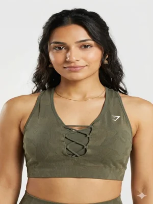 Gymshark Adapt Camo Seamless Lace Up Sports Bra in Savanna Green.