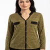 webp62 Women’s Olive Green Contrast Trim Button-Front Long Sleeve Shirt Size Medium
