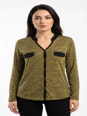 Women’s Olive Green Contrast Trim Button-Front Long Sleeve Shirt