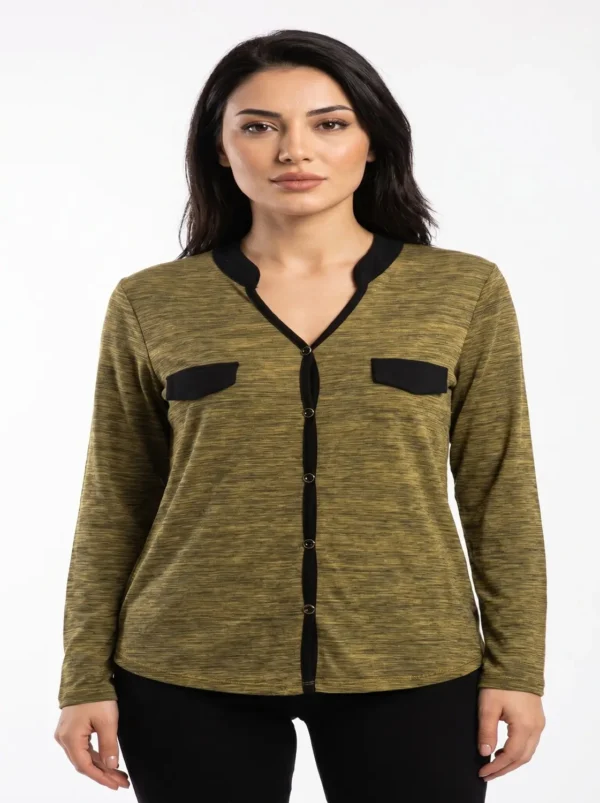 webp62 Women’s Olive Green Contrast Trim Button-Front Long Sleeve Shirt Size Medium