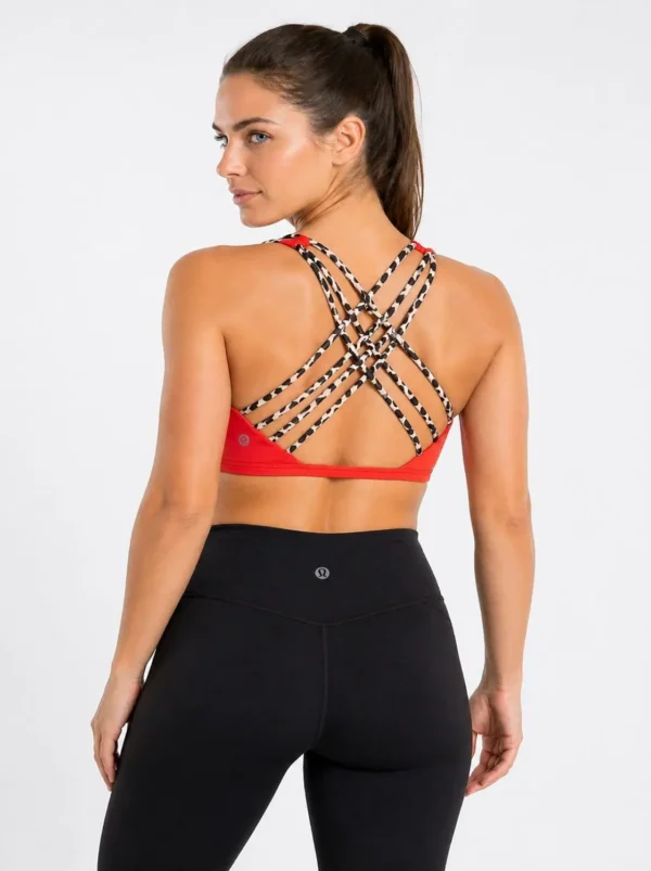 75 Original Lululemon Free to Be Serene Strappy Sports Bra – Hot Coral Leopard Strap Medium