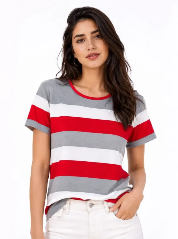 Women’s Red, White & Grey Striped Stretch T-Shirt – 3XL