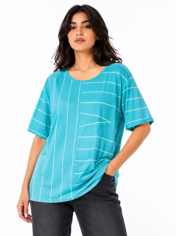 Women’s Aqua Blue Geometric Line Print T-Shirt – 2XL