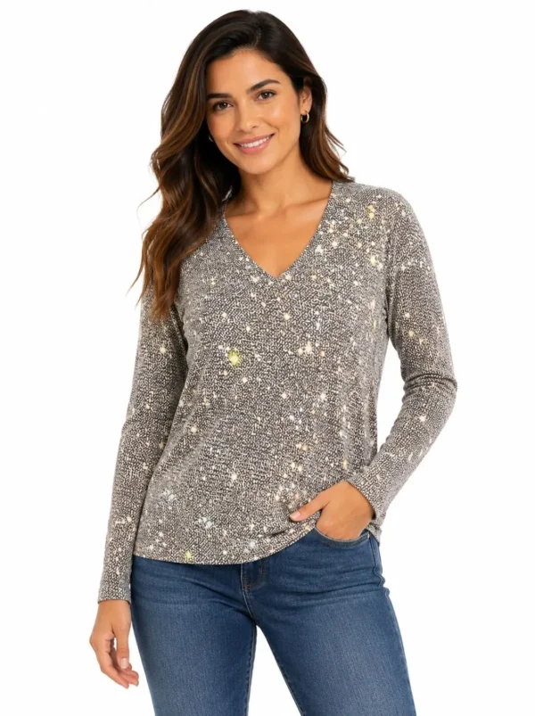 Original Exclusive Women’s Printed V-Neck Long Sleeve Knit Top – Small