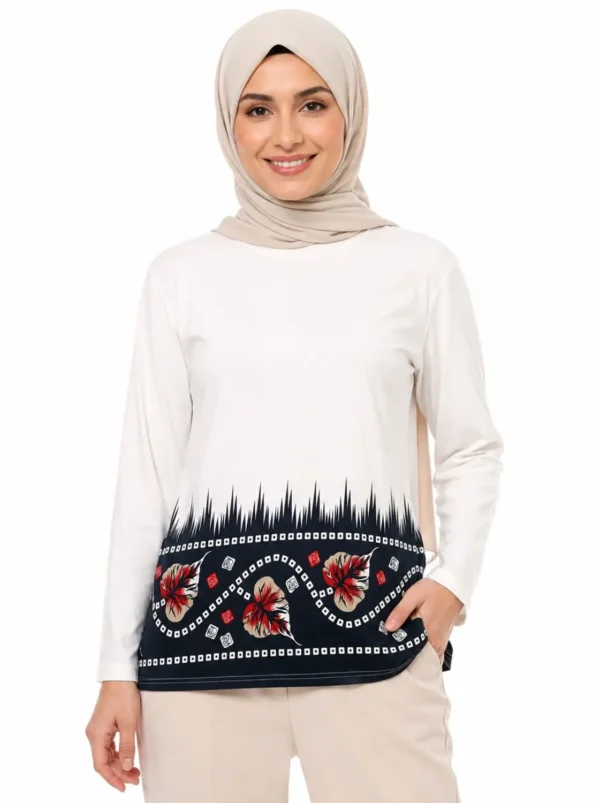 Elegant Floral Border Modest Tunic – White & Navy Large