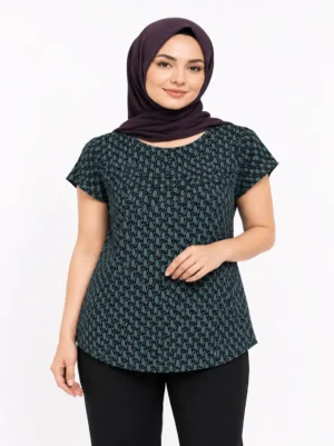 030 Women’s Geometric Print Cap Sleeve Top – Teal & Black 2XL