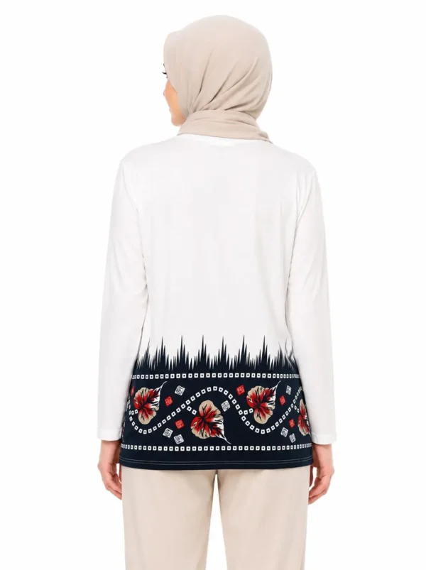 Elegant Floral Border Modest Tunic – White & Navy Large