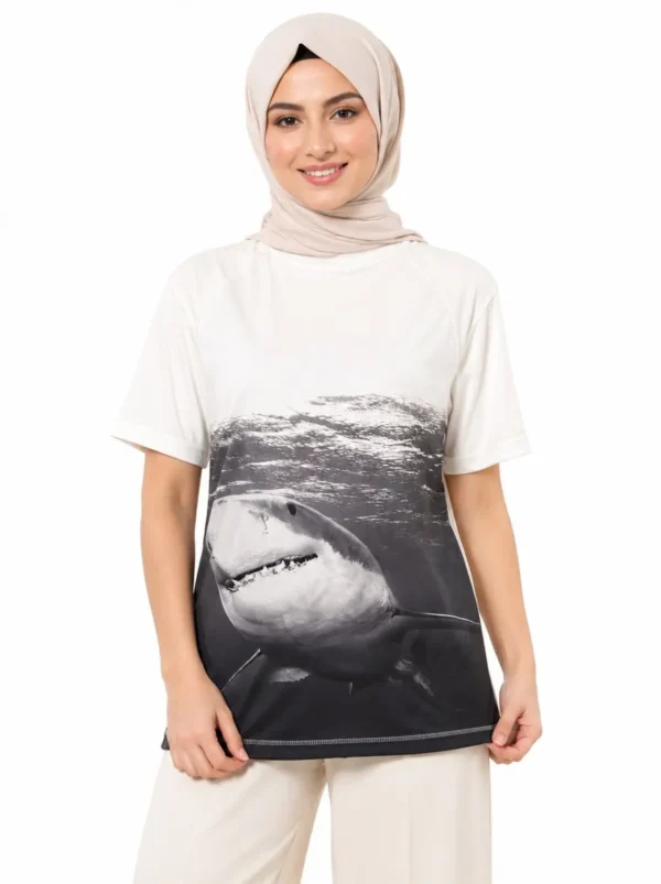 034 Original Old Navy Shark Graphic Performance Rash Guard Top – White/Black Extra Large