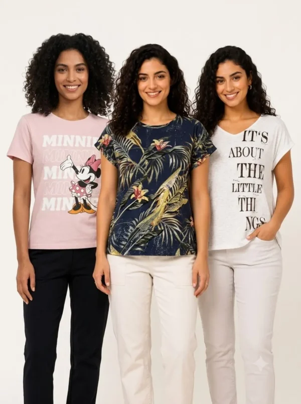 Women’s 3-Top Bundle – Minnie Graphic Pink, Tropical Navy Floral & Little Things Statement Tees