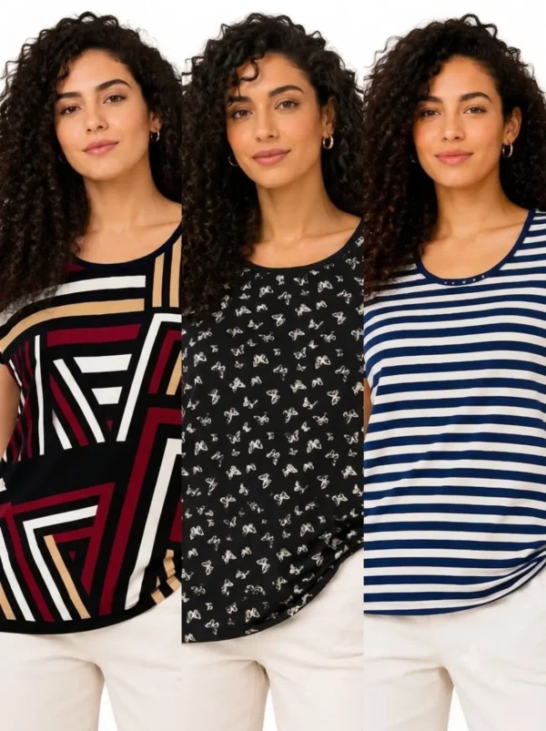130 Women’s 3-Top Combo – Ruby Geometric, Butterfly Bloom & Ocean Breeze Tops