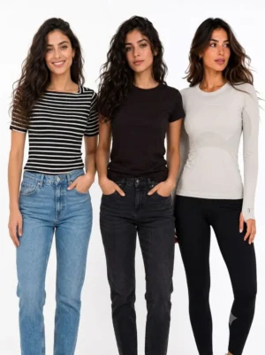 140 Women's 3-Top Bundle – Classic Stripe Chic, Essential Black Everyday & Active Comfort Long Sleeve (Medium | Bust 38")
