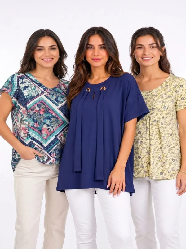 In_this_group_shot_of_202606131922 Women's 3-Top Bundle – Grey Striped Top, Royal Blue Tunic & Yellow Floral Top (2XL)