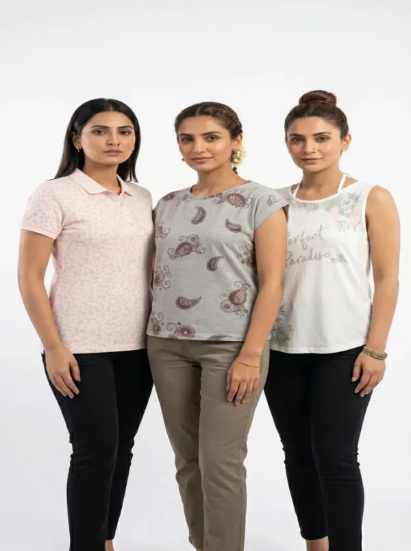 Women’s 3-Top Bundle – Patterned Polo, Paisley Tee & Graphic Tank Top
