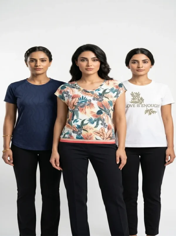 Women’s 3-Top Bundle – Navy Textured Tee, Tropical Printed Tee & Graphic Tee