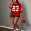 1067 Slaydiva Varsity 23 Graphic Oversized Women’s Sports Tee – Red