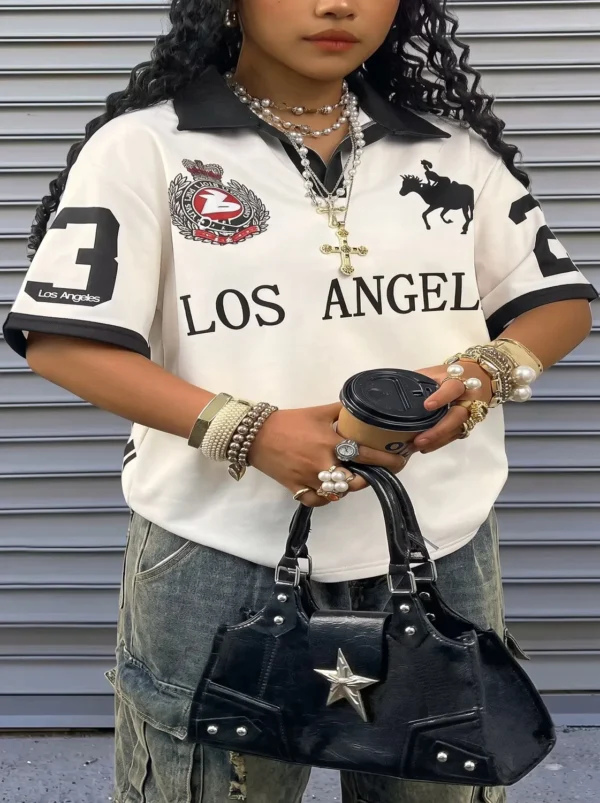 A1 Women's Casual T-Shirt With Colorblock And Letter Print Jersey