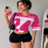 Make_new_8k_picture_2K_202607140216 Women’s Color Block V-Neck Short Sleeve Letter Print Casual Sport Style T-Shirt For Summer - view 7