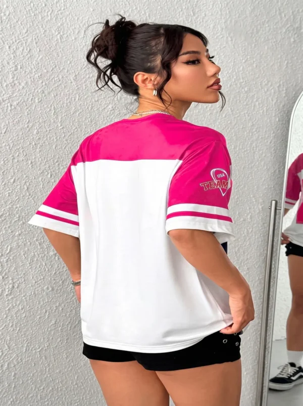 Make_new_8k_picture_2K_202607140219 (1) Women’s Color Block V-Neck Short Sleeve Letter Print Casual Sport Style T-Shirt For Summer - view 6