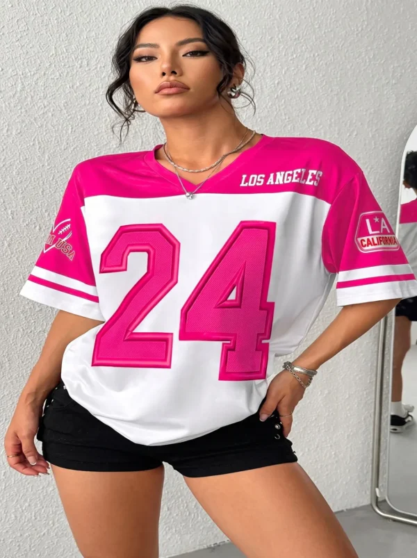 Make_new_8k_picture_2K_202607140219 (3) Women’s Color Block V-Neck Short Sleeve Letter Print Casual Sport Style T-Shirt For Summer - view 4