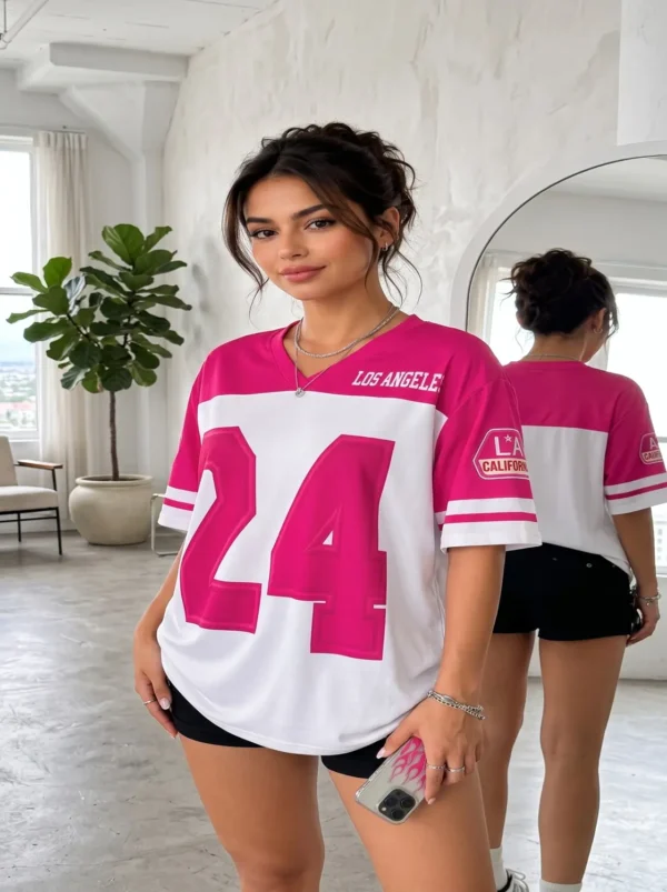 Make_new_8k_picture_2K_202607140219 Women’s Color Block V-Neck Short Sleeve Letter Print Casual Sport Style T-Shirt For Summer - view 2