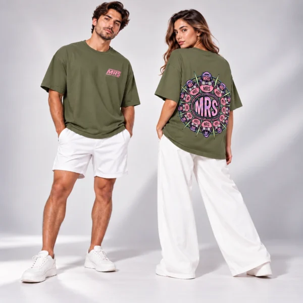 Cyber Skull Oversized Tee in Olive Green by MRS – front and back graphic view