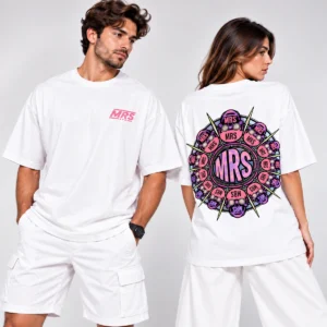 Cyber Skull Oversized Tee in White by MRS – front chest logo and cyber-skull mandala back print