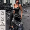 MRS SXY Black & Silver Bodycon Jumpsuit – Backless Halter Nightclub Set for Gym, Yoga & Night Out