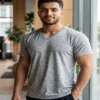 Heather grey v-neck t-shirt fabric detail