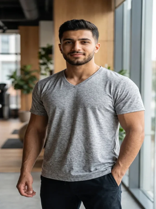 Heather grey v-neck t-shirt fabric detail
