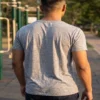 Heather grey v-neck active tee neckline close-up