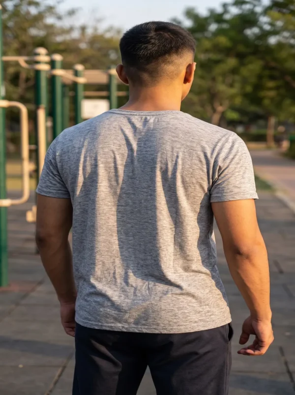 Heather grey v-neck active tee neckline close-up