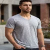 RealEssentials heather grey v-neck active tee for men front view