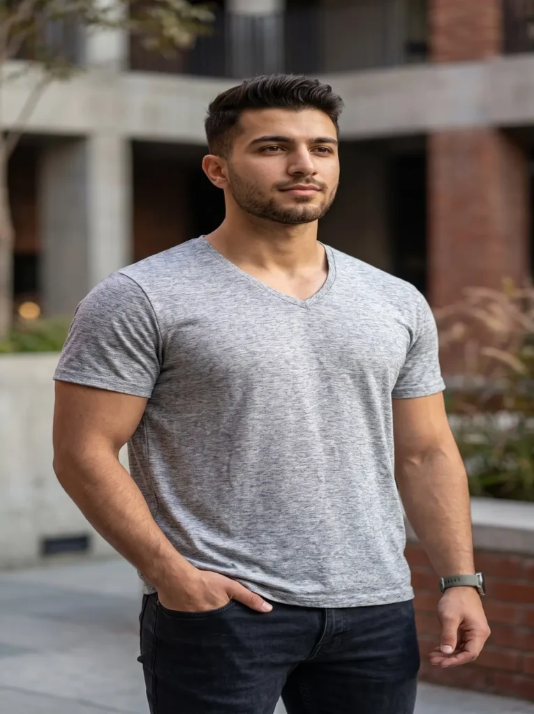 RealEssentials heather grey v-neck active tee for men front view