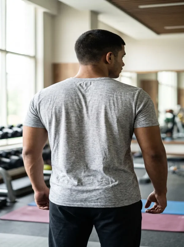 RealEssentials heather grey v-neck active tee back view