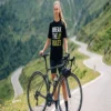 Break the Rules graphic print t-shirt in black worn by a female cyclist