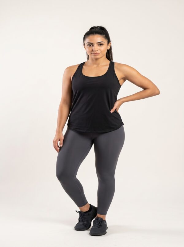 Black scoop neck racerback workout tank, studio view