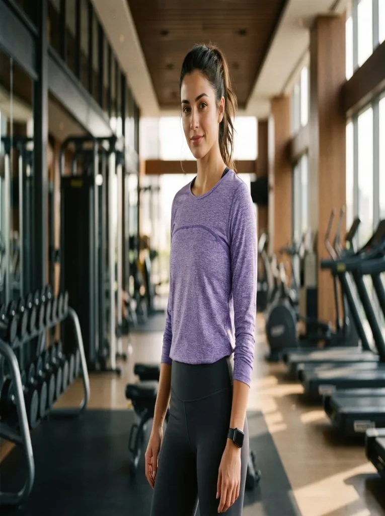 Criss-cross back athletic long sleeve top worn by a fitness model in the gym