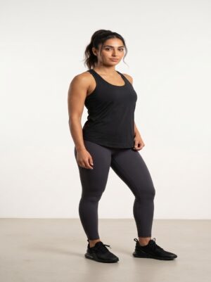 Black racerback athletic tank top, front view on a fitness model