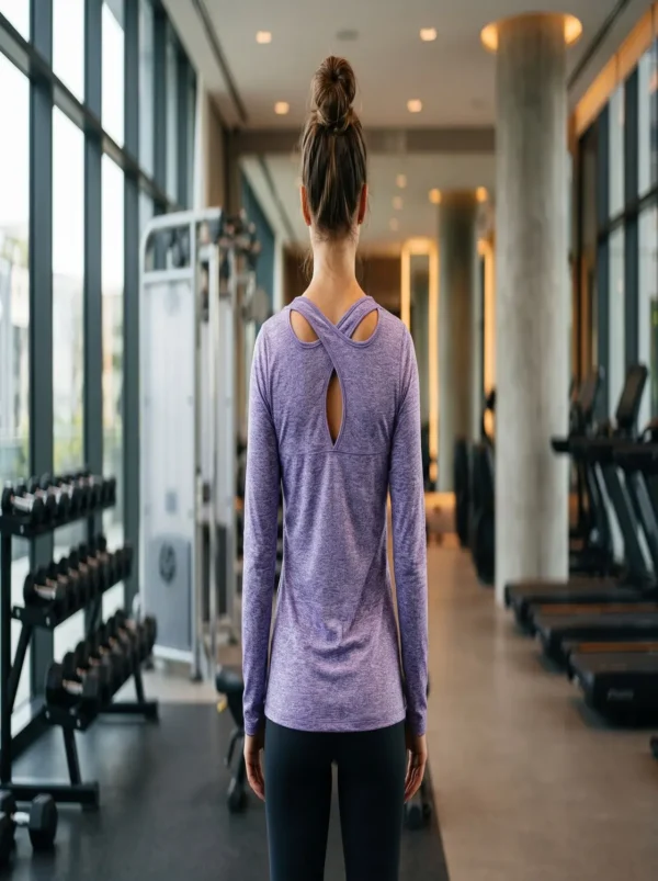 Close-up of the criss-cross keyhole back on the athletic long sleeve top