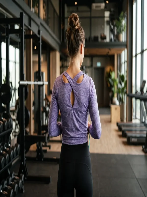 Athletic long sleeve top with criss-cross back, full length view